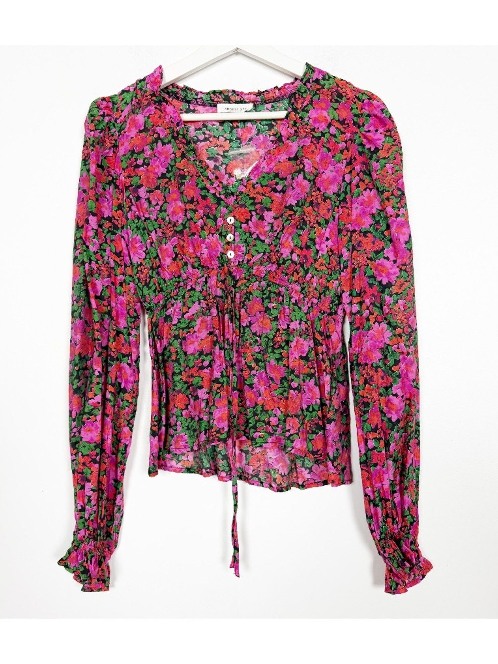 August Silk Womens Shirt Top Blouse Size S Small Floral Black Pink Green NWOT